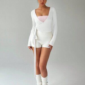 White Casual Women's High-Elastic Yoga Fitness Wrap V-Neck Long Sleeve Crop Top